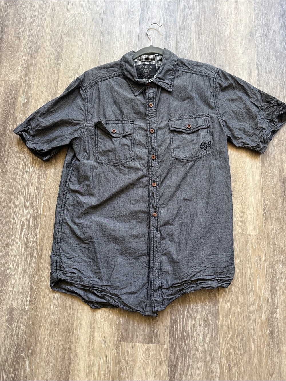 Fox Short Sleeve Button-Down Shirt - Charcoal worn once